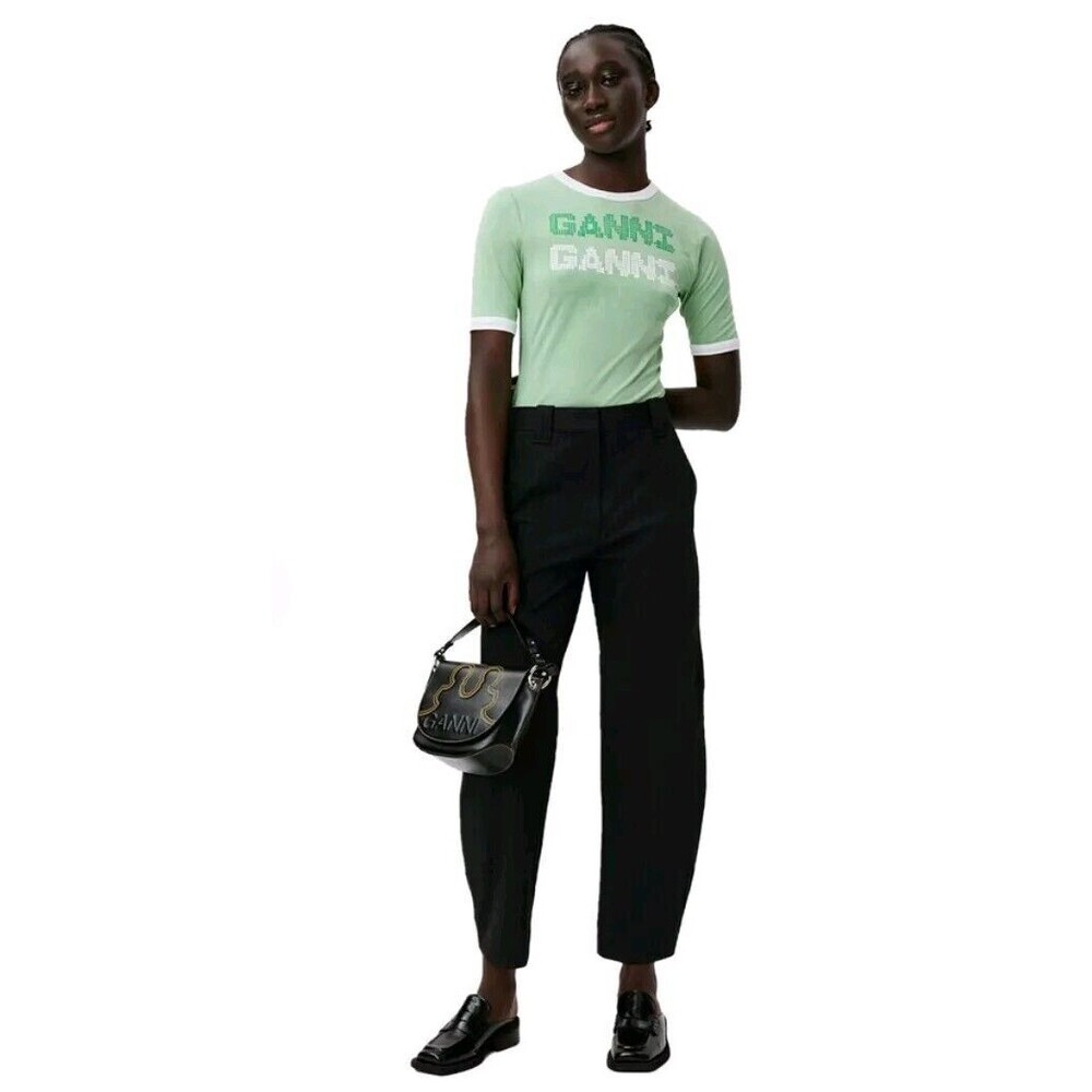 Ganni Pinstripe High-Rise Recycled Polyester Barrel Career Work Pants Sz 36/US 4
